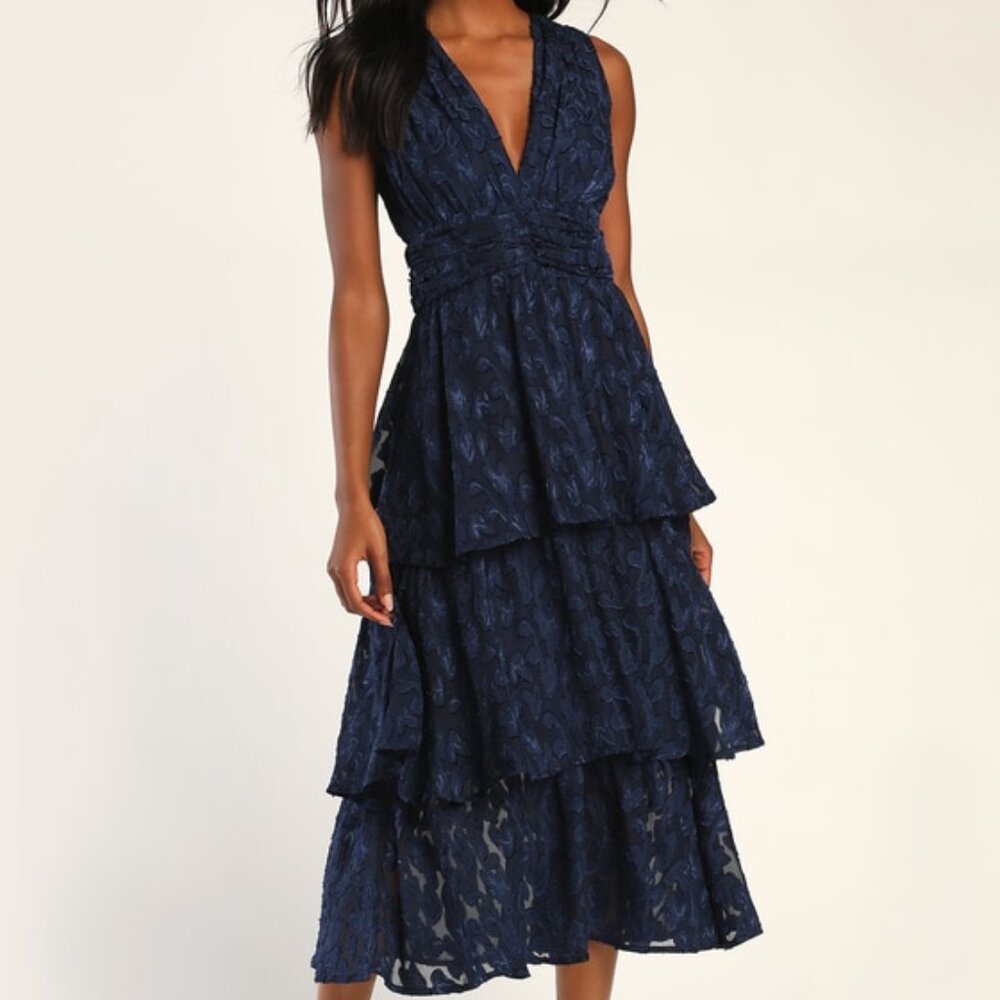 Lulus Make It Mesmerizing Navy Blue Jacquard Tiered Midi Dress - Size S